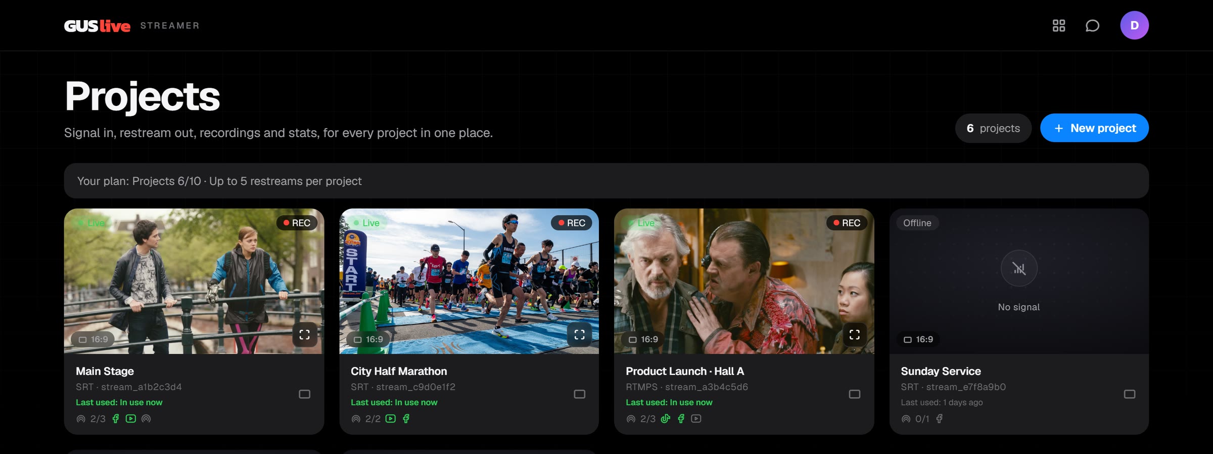 The Streamer home page with live projects